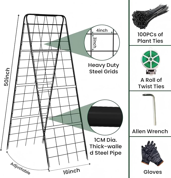 A-Frame Cucumber Trellis for Raised Bed, 50"x 16" Adjustable Heavy Duty Metal Garden Trellis for Climbing Plants Outdoor, Plant Support for Tomatoes Pea Bean Grape Vining Vegetables (1 Pack)
