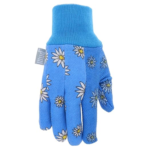 MUD Essential Women's PVC Dotted Palm And Daisy Printed Jersey Garden Glove, Extreme Comfort, Excellent Grip, Durable Wear, Blue, Medium/Large (M61001B-WML)