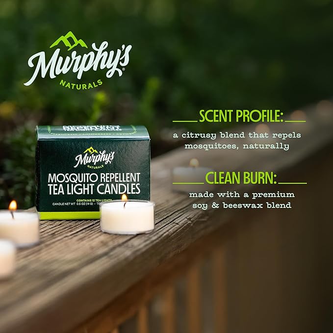 Murphy’s Naturals Mosquito Bug Repellent Tea Light Candles for Outdoor Patio, Citronella & Essential Oils, 4-Hour Burn Time Each, 12-Pack