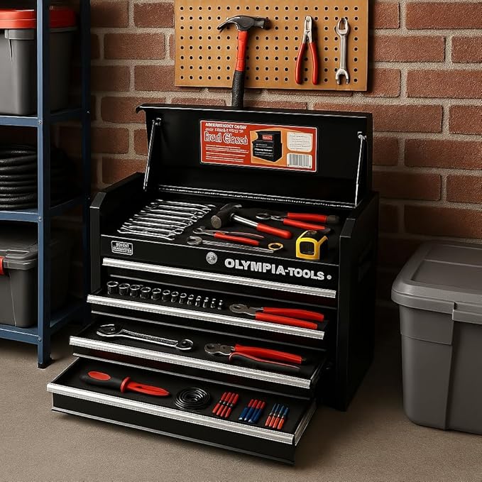 Olympia Tools 26-Inch 4-Drawer Portable Tool Chest, Metal Storage Organizer Box, Black - Work Toolbox for Home Garage and Workshop with Locking Lid and Ball Bearing Slides