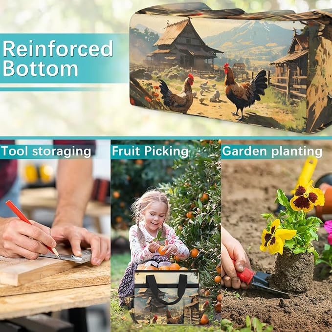 Garden Tool Bag Organizer Garden Tote Bag with Pockets Courtyard Rooster Animal Tool Storage Organizer Gardening Tool Kit Holder 13" x 6.8" x 2.8"