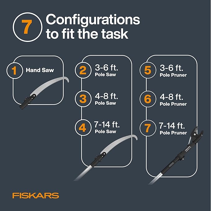 Fiskars XtendControl 14' Tree Pruner Kit, Complete Pruning and Sawing System with Fixed Pruner Head and 15" X2 Hook Bill Saw, Two Extension Poles, Lightweight Aluminum, Orange