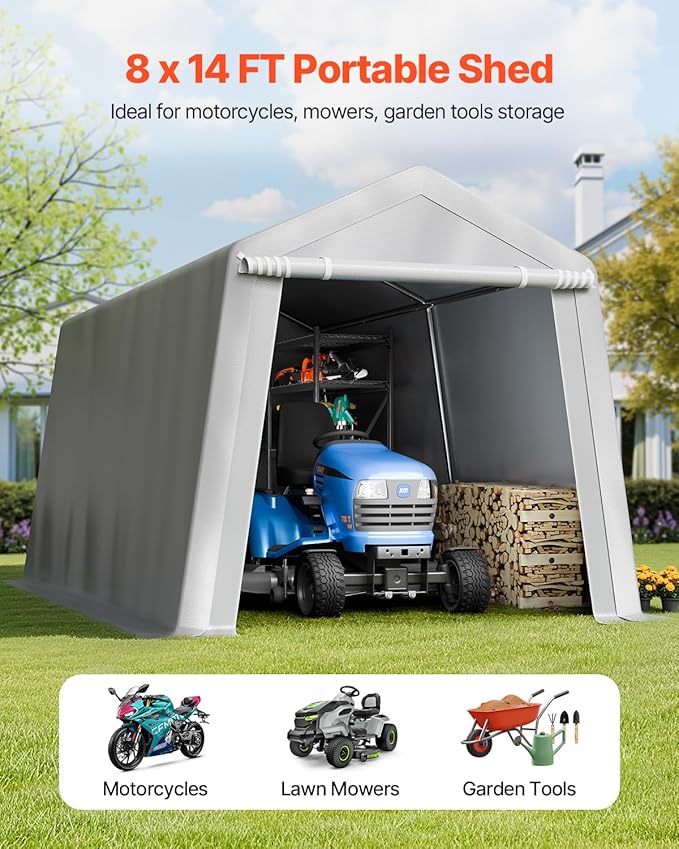 VEVOR Portable Outdoor Storage Shelter Shed, 8 x 14 x 7.6 ft Heavy Duty Instant Storage Tent Garage Sheds with Roll-up Zipper Door for Motorcycle, Bike, Garden Tools