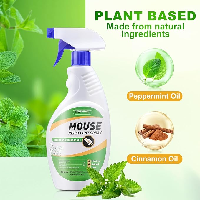 Natural Peppermint Oil Spray for Rodents 16 Oz, Mice Repellent Indoor/Outdoor, Squirrel Repellent Spray Mouse Rats Prevention On Home Yard Garage Warehouse Cars