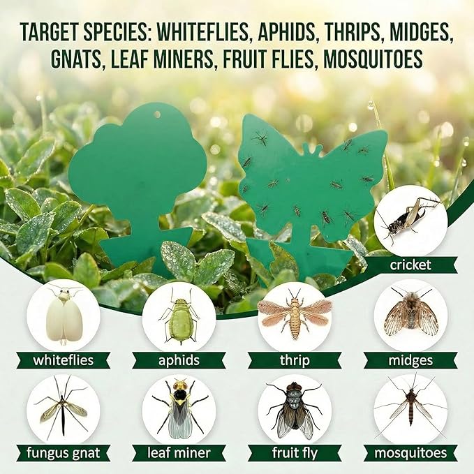 100 Pcs Sticky Traps for Fungus Gnat (Plants), Fruit Fly, Whitefly, and Fly, Yellow Sticky Insect Catcher Traps for Indoor/Outdoor, Kitchen, and Plants, High-End Glue, Non-Toxic, Green