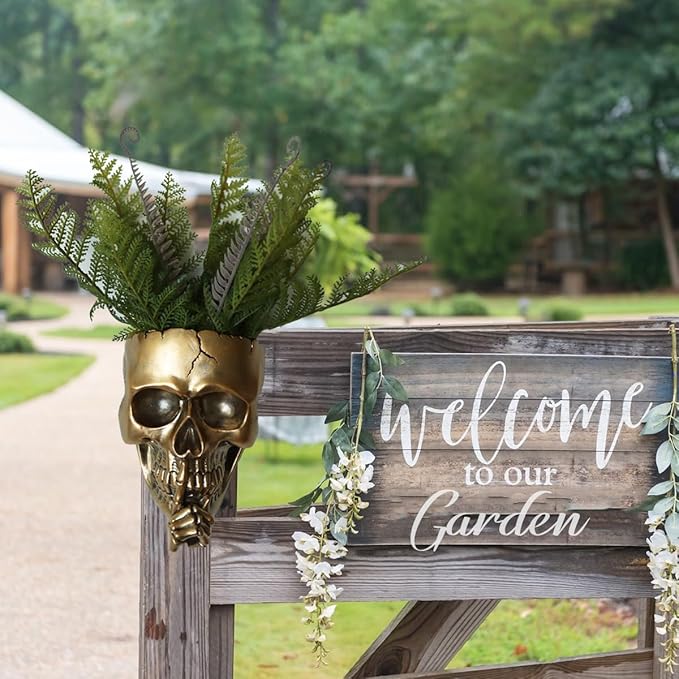 Gothic Skull Planter - Wall or Table Top, Unique Gold Skull Face Vase with Drainage, Spooky Indoor/Outdoor Plants