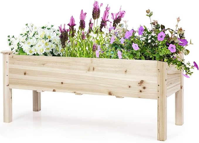 COSTWAY Raised Garden Bed, Elevated Fir Wood Planter Box for Vegetables, Herbs & Flowers – 47.5” x 17” x 20” for Backyard, Patio & Balcony