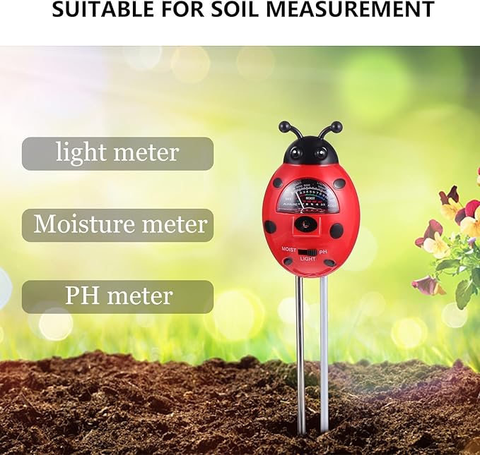 Abaodam 3-in-1 Soil Tester Ladybug Design Ph Meter and Illuminance Checker for Garden and Lawn Monitoring, Portable Soil Checker Tool for Accurate Moisture and Light Measurement