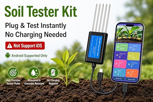 8-in-1 Soil Tester for Android Phone, NPK PH Moisture EC Meter, Digital Soil Test Kit No Charging, High Accuracy Sensor for Garden Lawn Farm Soil Fertility