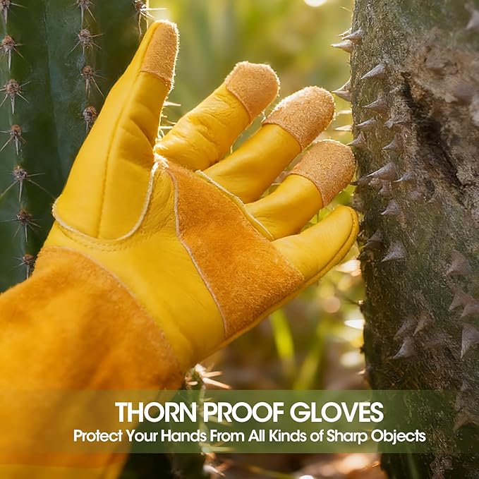 Long Cowhide Gardening Gloves for Women Men, Thorn Proof Garden Gloves for Rose Pruning, Cactus Heavy Duty Gauntlet