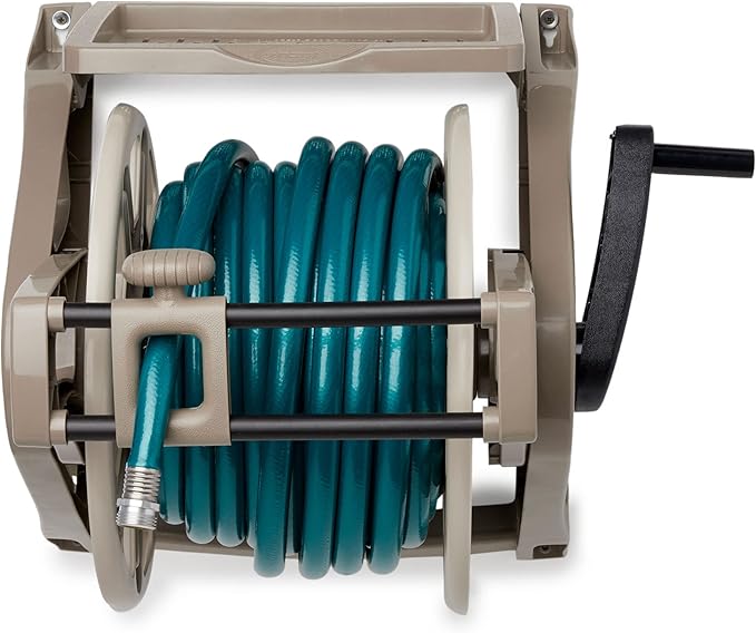 Suncast Hose Handler Wall-Mounted Reel for Outdoor Garden Storage, Light Taupe - Holds 175 ft of Standard 5/8" Vinyl Hoses, Resin Organizer with Slide Trak Guide and Accessory Tray.