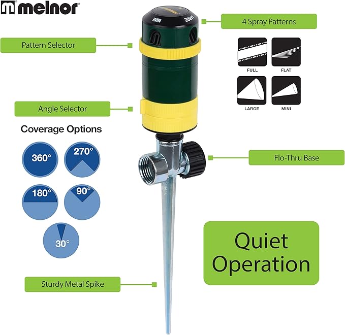 Melnor 65404AMZ Turbo Rotary Sprinkler on Step Spike, 4-Pattern, QuickConnect Product Adapter, Green, Yellow