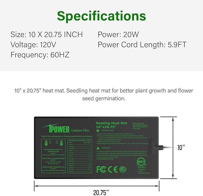 iPower 40-108 Degrees Fahrenheit Digital Heat Mat Thermostat Controller and 10" x 20" Hydroponic Seeding Warm Pad Plant Starting Kit Combo