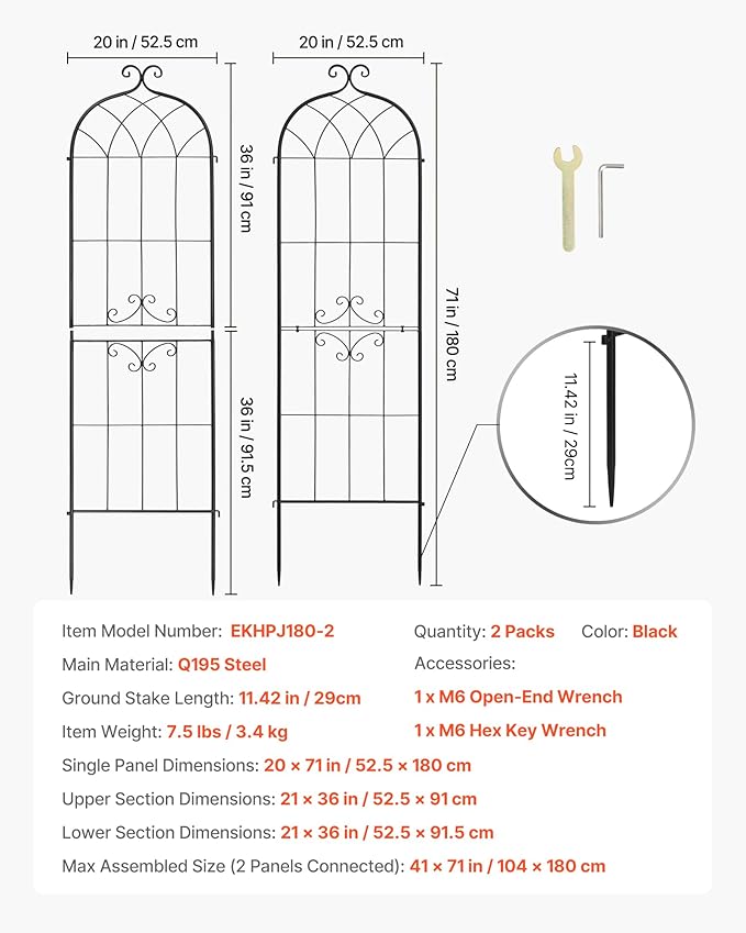 VEVOR Garden Trellis, 71 x 20 inch Rose Trellis, 2 Packs Garden Flower Rose Trellises with Powder-Coated Finish & Convenient Locking Design, Plant Support Trellises for Flowers, Vegetables, Roses