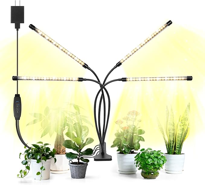 Led Grow Lights, 4 Heads Full Spectrum Plant Light with Clamp for Indoor Plants & Seed Starting, 10-Level Dimmable, Auto On Off, Timing 3 9 12Hrs