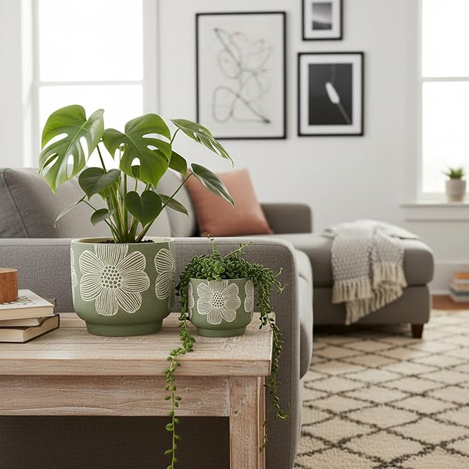 YBX 8 Inch + 6 Inch White Flower Pattern Plant Pots, Sand Glazed Ceramic Planter with Drainage Hole, Flower Pots for Indoor Plants, Green