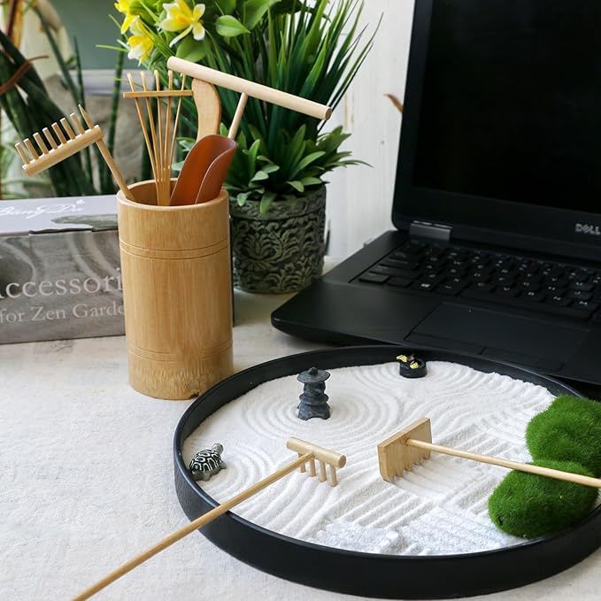 Mini Zen Garden Rake Tool - Tabletop Meditation Rock Sand Garden Kits with Moss Rakes Brusher Spoon Figurines Holder