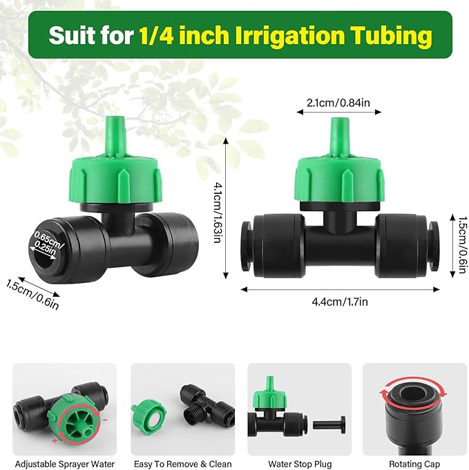 Kalolary 30Pcs Push-to-Fit Drip Irrigation Emitters 1 GPH Pressure Compensating Drippers with Constant Water Flow Drip Irrigation System Parts for 1/4 Inch Irrigation Tubing with 6PCS End Plugs(Green)
