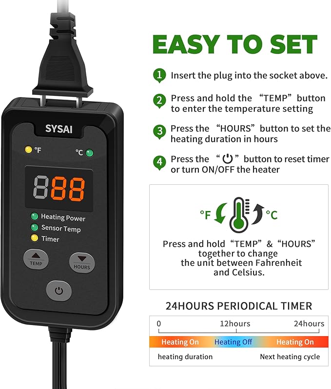 SYSAI Digital Thermostat Controller for Reptiles, Seed Germination, Breeding, Incubation and Small Greenhouse, 50-95°F, 1.5A 150W