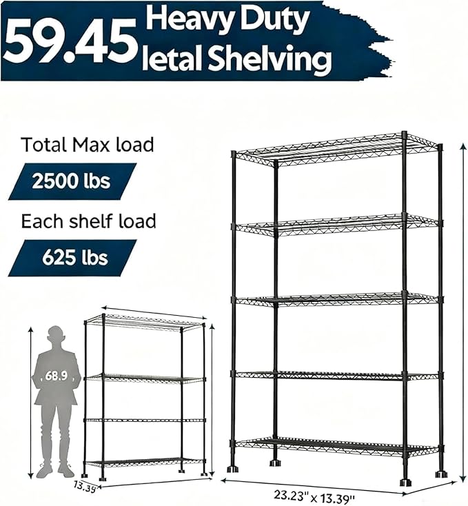 Simple Deluxe 5-Tier Heavy Duty Adjustable Shelf with Wheels, 23.23”W x 13.39”D x 59.45”H,Metal Storage Rack, Easy Tool-Free Assembly for Garage, Warehouse, Basement, Laundry, Black