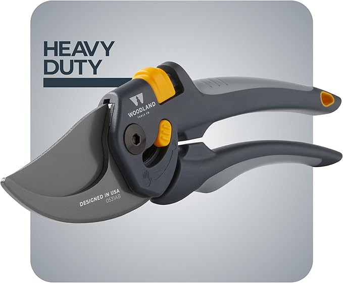 Woodland Tools Co. Heavy Duty Bypass Pruning Shears – 5/8" Cut Capacity, High Carbon Steel Blade, Internal Spring, Adjustable Grip Slider, Garden Hand Pruner for Plants, Shrubs, and Live Stems
