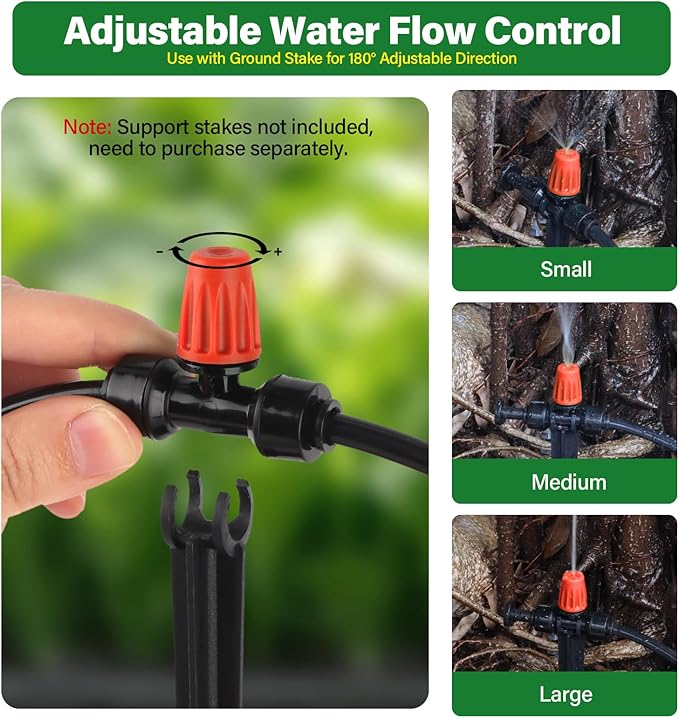 Kalolary 30Pcs Push-to-Fit Drip Irrigation Spray Emitters for 1/4" Tubing,Three-Way Adjustable Atomizing Nozzle Micro Irrigation Dripper Sprinklers with 6PCS End Plugs for Irrigation System(Orange)