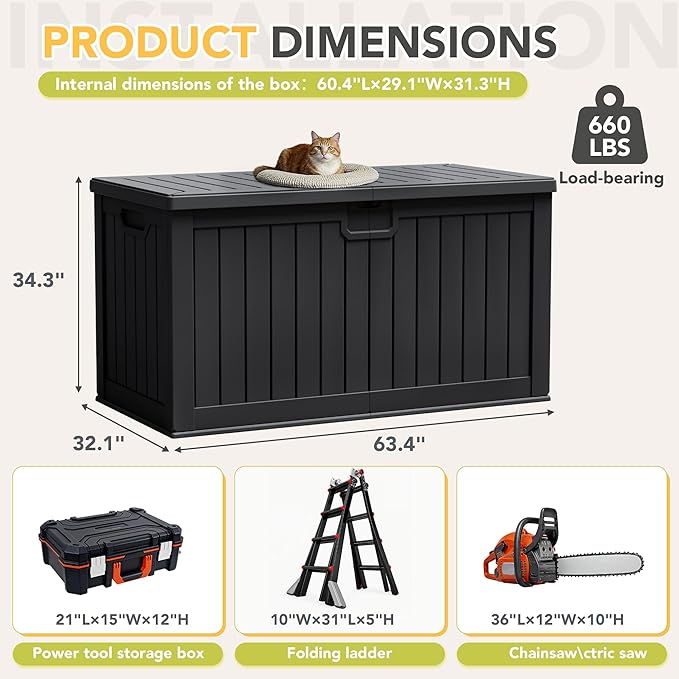 240 Gallon HDPE Deck Box Outdoor Indoor Waterproof Storage Box for Patio Furniture, Pool Accessories, Garden Tools, and Cushion Storage, Black