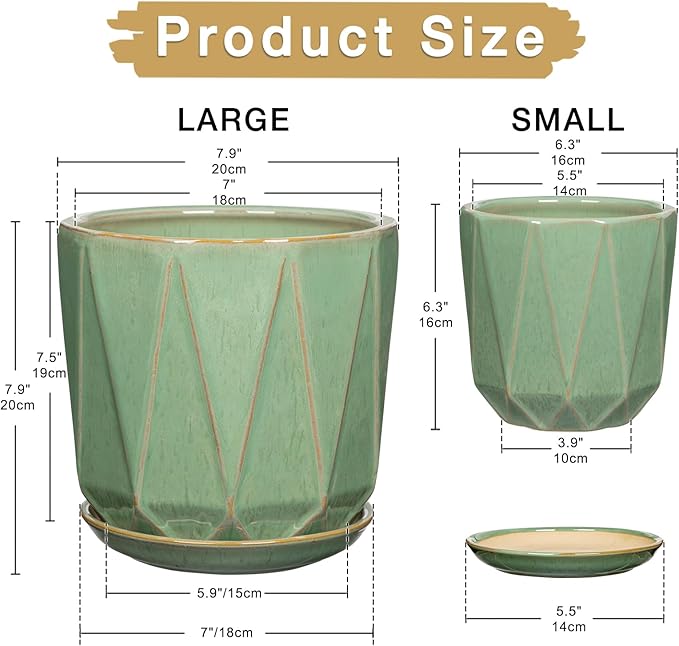Oairse Ceramic Pots for Plants, 8+6 inch Plant Pots with Drainages Holes & Saucers Large Sage Green Ceramic Planters Decorative Flower Pot for Indoor Plants Outdoor Inoor