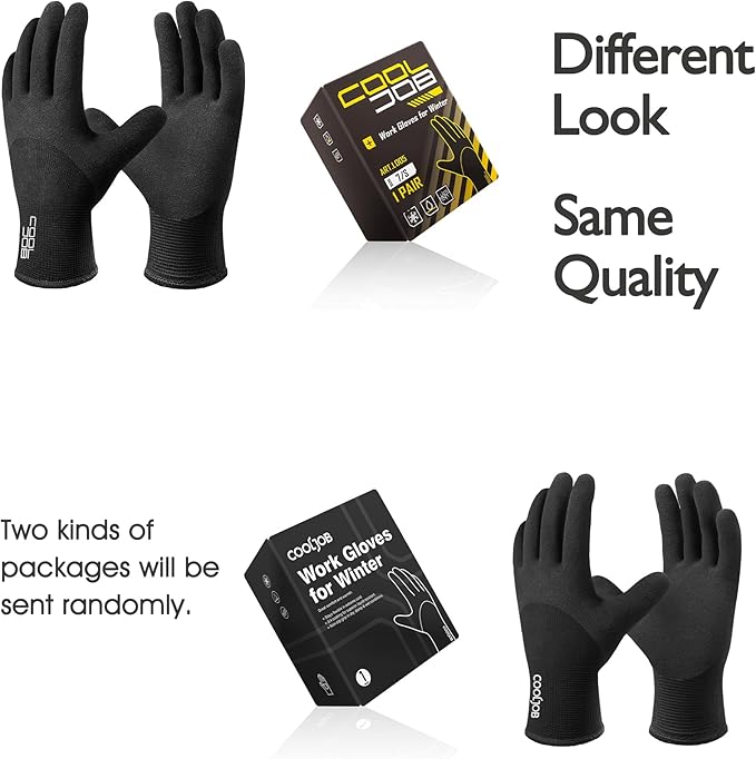 COOLJOB Winter Freezer Work Gloves for Men Women with Grip, Windproof Thermal Warm Fleece Lined, 3/4 Latex Coated for Heavy Duty, Construction, Warehouse, Black, 1 Pair, XL