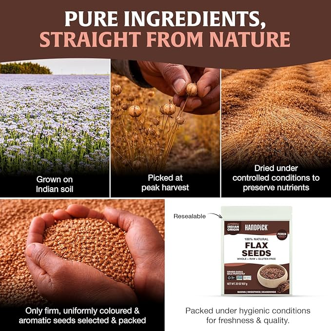 HANDPICK Flax Seed (2 lb) | Gluten Free Brown Seeds | Raw Seeds Sourced from India | Grinds easily, Gels perfectly | Resealable Zip Lock Pouch