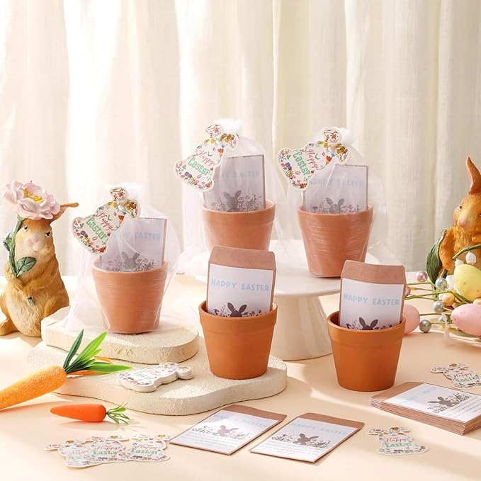 Ctosree 24 Sets Happy Easter Party Favors for Guests Easter Bunny Seed Packets Kit Including Self Adhesive Seed Packets Mini Flowerpots Bunny Tags Organza Bags for Basket Stuffers Gifts