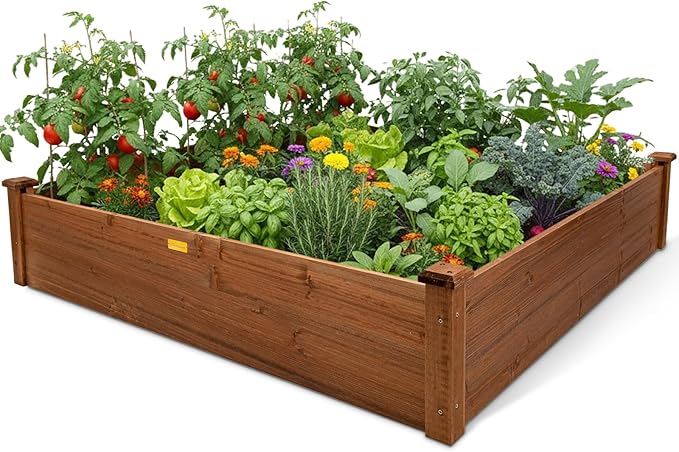 Hollyone 48" X 48" inches Wood Raised Garden Bed Frame Planters Wooden Elevated Planting Planter Box for Outdoor Herb Vegetables Flowers Grass Lawn Yard Patio - Brown 4×4ft