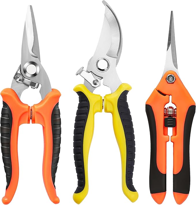 3 Pack Stainless Steel Garden Shears Pruning Set, Bypass, Serrated, and Straight Blade Scissors for Trimming Flowers, Branches, Stems - Perfect Pruners for Gardening & Plant Care