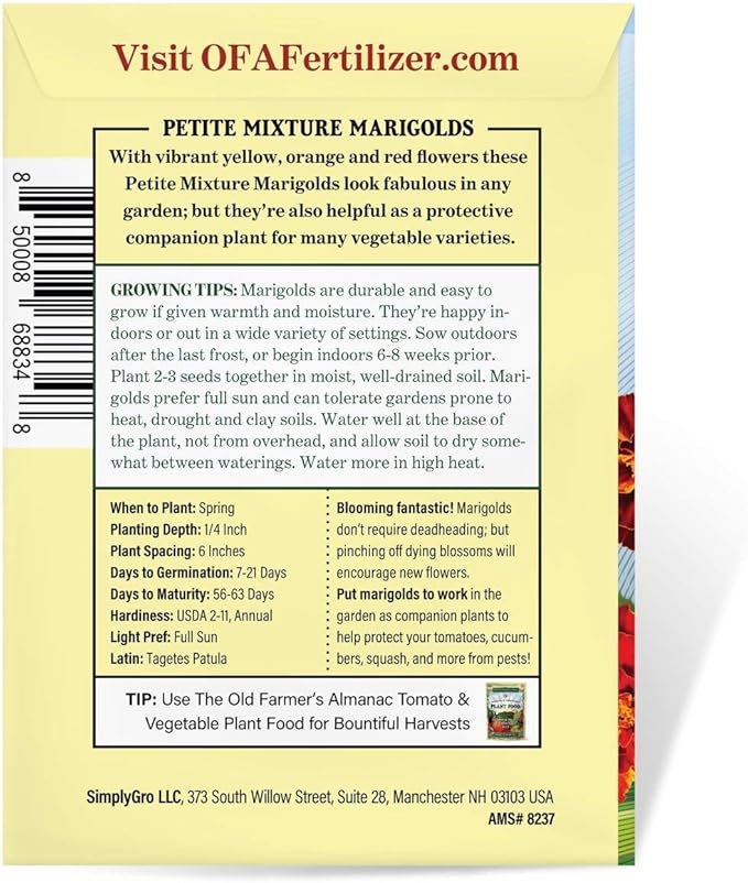 The Old Farmer's Almanac Petite Mixture Marigold Seeds - Premium Non-GMO, Open Pollinated, USA Origin - Approx 200 Flower Seeds
