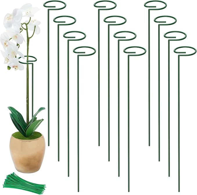Unves 12 Pack Plant Stakes, 15.75 Inch Green Single Stem Flower Garden Plant Support with 100 Pcs Twist Ties, Plants Cage Support Rings for Amaryllis Orchid Peony Rose