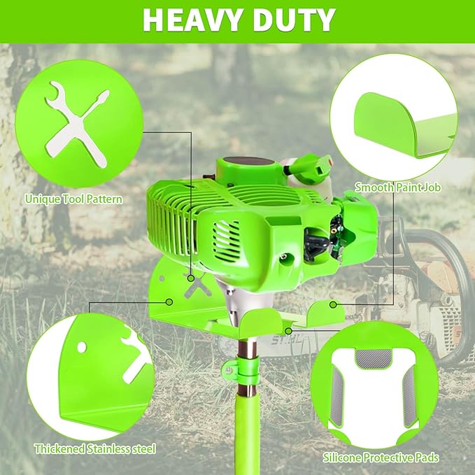 Upgraded Trimmer Rack Wall Mount - 8" Heavy Duty Weed Eater Hanger for Garage Wall, Garden Power Tool Holder Organizer Hooks for Grass Trimmer, Hedge Trimmer, Leaf Blower and Chainsaw, Green, 2 Pack