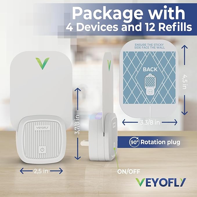VEYOFLY Fly Trap Indoor, Fruit Fly Traps for Indoors, (4 Device + 12 Refills) Gnat Traps for House Indoor, Fly Catcher Indoor, Plug in Light Flying Insect Trap, Bug Light Killer, Fly Trap