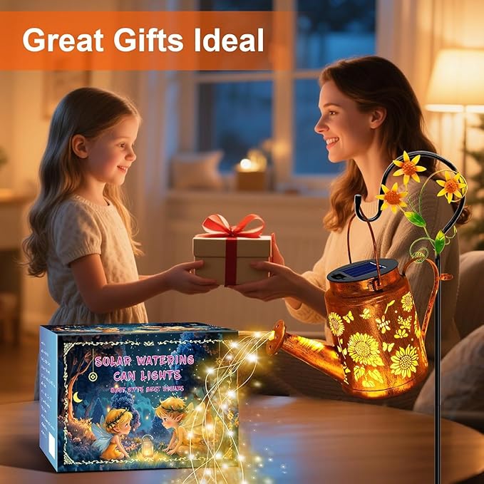 Big Solar Lanterns Outdoor Waterproof, Gift for Mom Grandma Women Wife Daughter Mother's Day, Sunflower Watering Can Light with Shepherd Hook, Hanging Lantern Solar Path Light, Yard Patio Garden Decor