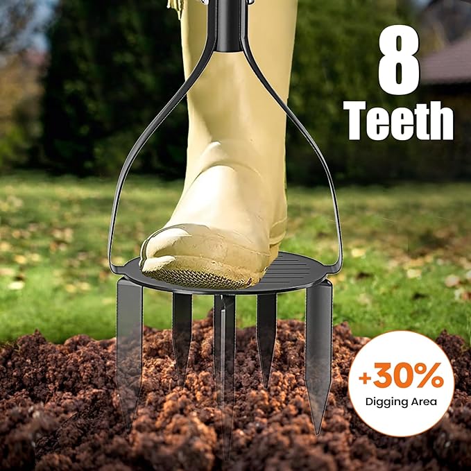 Luvenia Hand Tiller Cultivator with 5.1 Inch Deep 8 Steel Teeth, Manual Soil Tiller Garden Tool 40 Inch with Anti-Slip Pedal，Garden Claw for Weeding, Planting Aerating, Mixing Soil