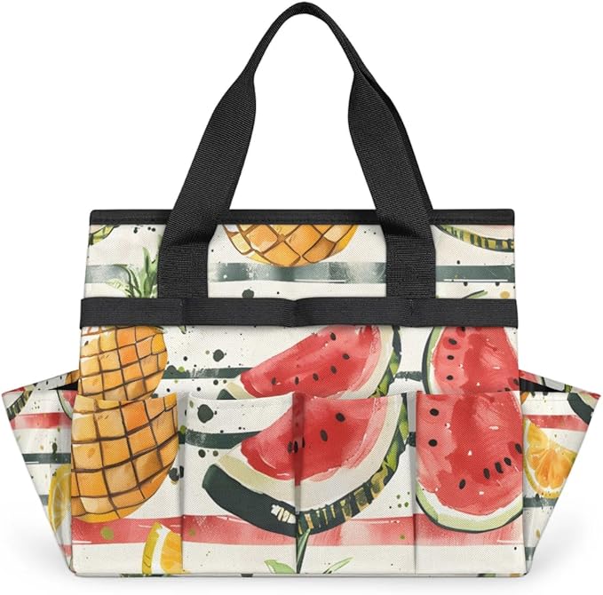 Garden Tool Bag Organizer Garden Tote Bag with Pockets Striped Watermelon Pineapple Tool Storage Organizer Gardening Tool Kit Holder 13" x 6.8" x 2.8"