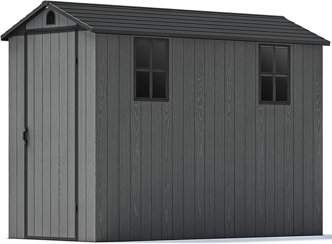 Patiowell 4x8 FT Plastic Outdoor Storage Shed with Floor, Garden Tool Shed with Two Windows and Single Lockable Door for Garden, Backyard, Lawn, Easy to Install, Dark Grey