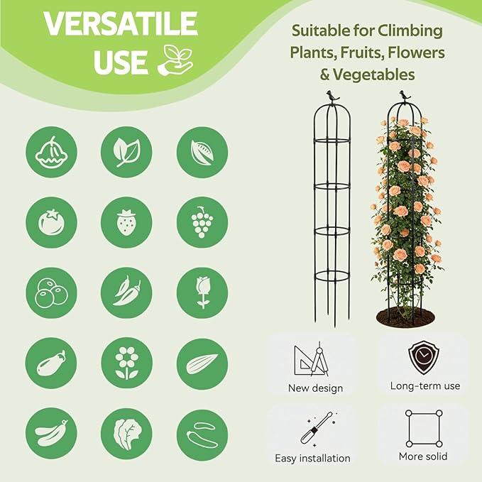 2 Pack Obelisk Trellis for Climbing Plants Outdoor - Heavy Duty Plastic Coated Steel Garden Arch Metal Trellis - Rustproof Tomato Cage Vertical Plant Support for Vines Vegetable Flower Indoor
