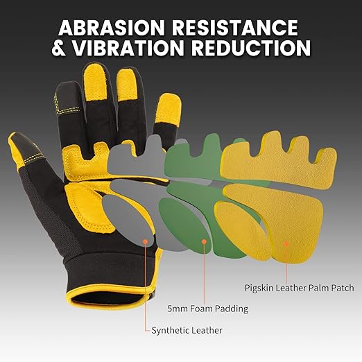 JUMPHIGH Mens Work Gloves, Synthetic Leather Mechanic Gloves, Utility, Touchscreen, Multipurpose, Construction, Warehouse, Truck Driving (L)