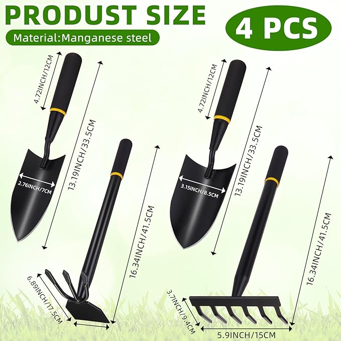 4 Pcs Garden Tool Set Gardening Trowel Transplanting Shovel Hand Cultivator Rake Hoe Tiller Tool Heavy Duty Stainless Steel for Outdoor Patio Use Gardening Cultivating Loosening Weeding