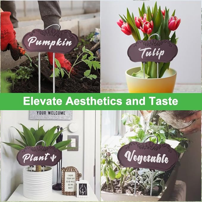 Metal Plant Labels, Tall Outdoor Garden Markers for Flowers, Fruits and Vegetables, 304 Stainless Steel Weatherproof Signs (25 Pack, 4" x 1.9", Purplish Red)