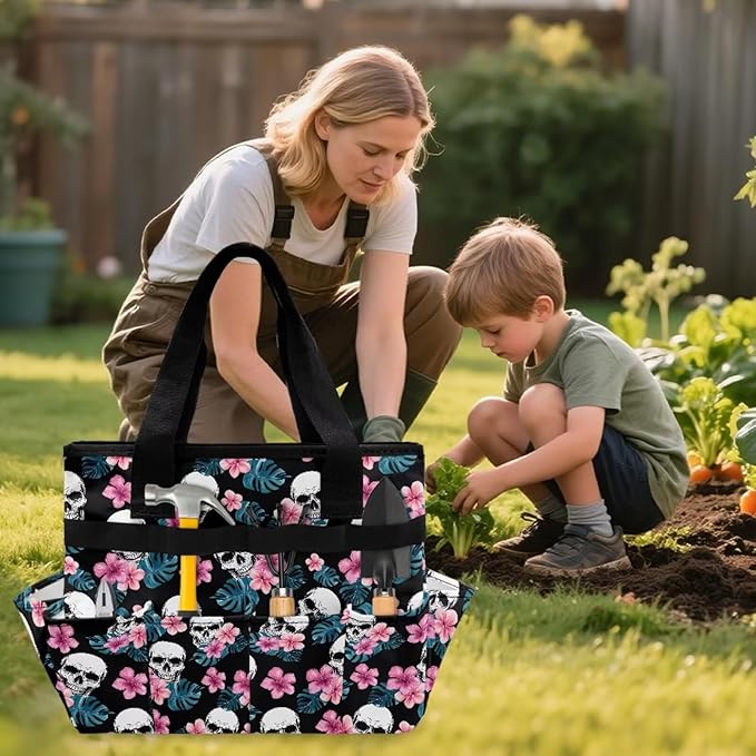 Skull Tropical Floral Garden Tool Bag Portable Gardening Tool Organizer Bag with 10 Pockets and Handle Tool Carrier and Storage for Garden Lawn Yard Casual Camp