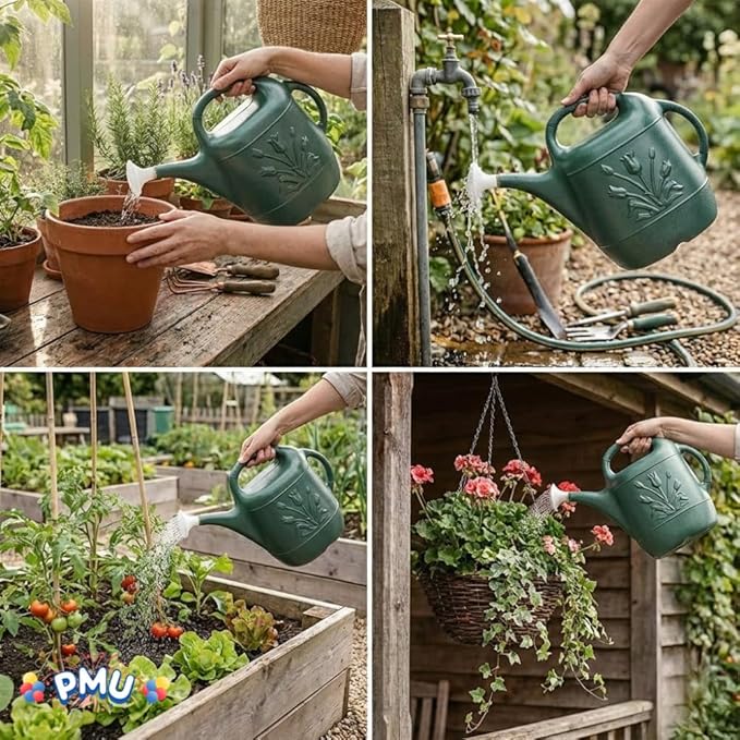 PMU 2 Gallon Watering Can - Garden Watering Can for Indoor & Outdoor Plants - Plastic Water Can with Detachable Sprinkler Head - Large Water Pot, Made in USA - Hunter Green Pkg/3