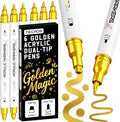 6 Gold Acrylic Paint Markers, Dual-Tip Acrylic Paint Pen for Rock, Fabric, Wood, Plastic, Canvas, Ceramic, Glass, Metal, DIY Crafts Art Supplies, Dot and Fine Tips