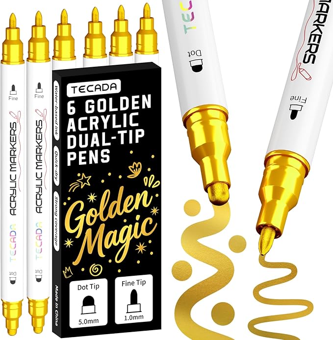 6 Gold Acrylic Paint Markers, Dual-Tip Acrylic Paint Pen for Rock, Fabric, Wood, Plastic, Canvas, Ceramic, Glass, Metal, DIY Crafts Art Supplies, Dot and Fine Tips