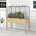 Raised Garden Bed with Greenhouse, Waterproof Sun-Protective Green House with Roll-Up Door & Electroplated Metal Frame, Pine Wood Elevated Planter Box with Drainage Holes(White+Natural)